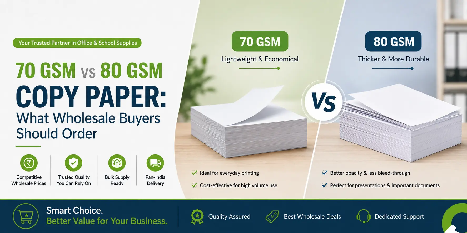 Reams of 70 GSM and 80 GSM A4 copy paper stacked for wholesale export to African markets